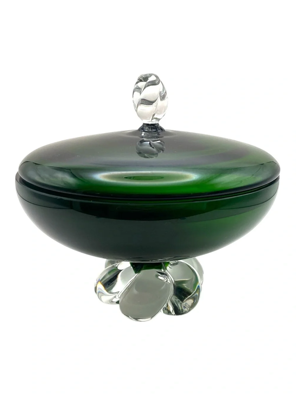 Vintage Seda Sweden Studio Glass Bonbonniere Green Clear Lidded Trinket Dish MCM